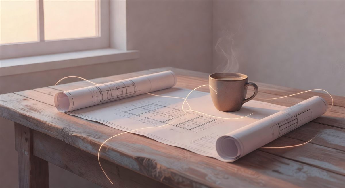 Architectural plans on wooden workbench with coffee